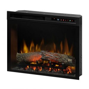 Electric fireplace with realistic flame effect and adjustable temperature display.
