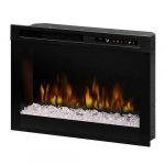 Electric fireplace with realistic flame effect and crystal embers, featuring a sleek black design and digital temperature display.