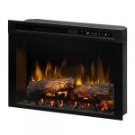 Electric fireplace with realistic flame effect and wooden logs, featuring temperature display and control panel.