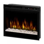 Electric fireplace with realistic flames and crystal-like decorations, featuring temperature display and control panel.