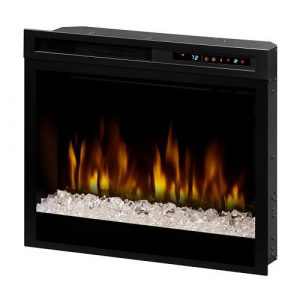 Electric fireplace with realistic flames and crystal-like decorations, featuring temperature display and control panel.