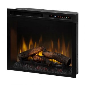Electric fireplace with realistic flame effect and logs, featuring a digital display for temperature control.