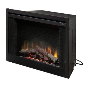 Electric fireplace with realistic flame effect and decorative logs, designed for easy installation and efficient heating.