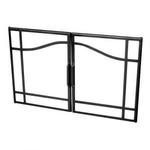 Black metal fireplace screen with a double-door design and decorative curved accents, providing safety and style.