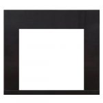 Black fireplace mantel with a rectangular opening for an insert or decorative display.