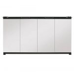 Modern four-door storage cabinet with a sleek, mirrored front and minimalist design, ideal for home or office organization.