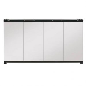 Modern four-door storage cabinet with a sleek, mirrored front and minimalist design, ideal for home or office organization.