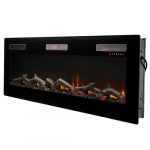 Wall-mounted electric fireplace with realistic flame effect and decorative logs, featuring touch controls and a sleek black design.