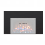 Modern electric fireplace with a thin bottom trim design, featuring realistic flames and blue glass accents.