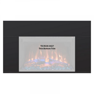 Slim black fireplace trim featuring a glass front with glowing logs and blue crystals, labeled TK-RS30-4427 Thin Bottom Trim.