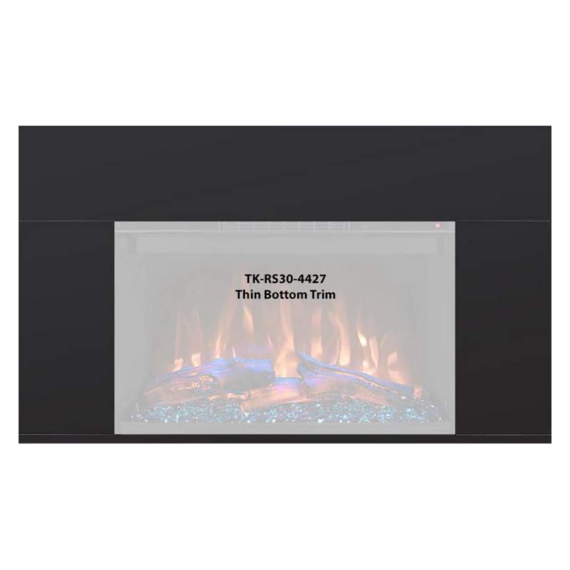 Slim black fireplace trim featuring a glass front with glowing logs and blue crystals, labeled TK-RS30-4427 Thin Bottom Trim.