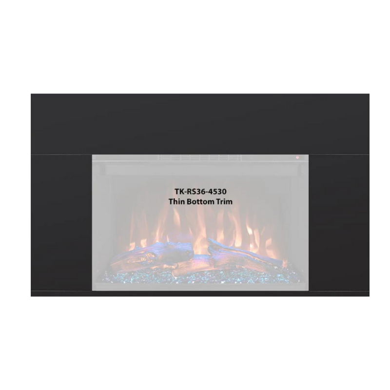 Modern electric fireplace with a thin bottom trim design, featuring realistic flames and blue glass accents.