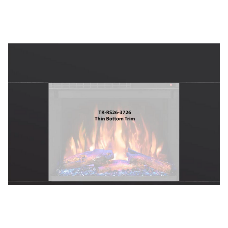 Image of a modern fireplace with flames and decorative logs, featuring a thin bottom trim labeled "TK-RS26-3726."