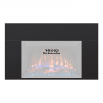 Electric fireplace with thin bottom trim design, featuring realistic flames and decorative blue glass crystals. Model TK-RS30-3824 displayed prominently.