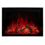 Electric fireplace with glowing logs and vibrant red flames, providing a cozy ambiance.