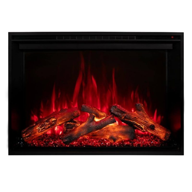 Electric fireplace with glowing logs and vibrant red flames, providing a cozy ambiance.