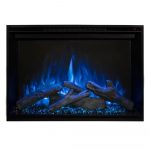Electric fireplace insert with realistic blue flames and glowing logs, designed for modern home decor.