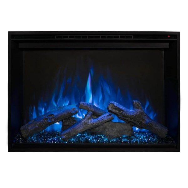 Electric fireplace insert with realistic blue flames and glowing logs, designed for modern home decor.