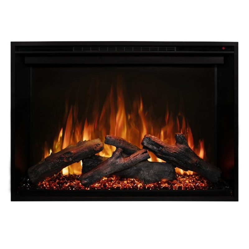 Electric fireplace with realistic flames and glowing logs, creating a cozy ambiance.
