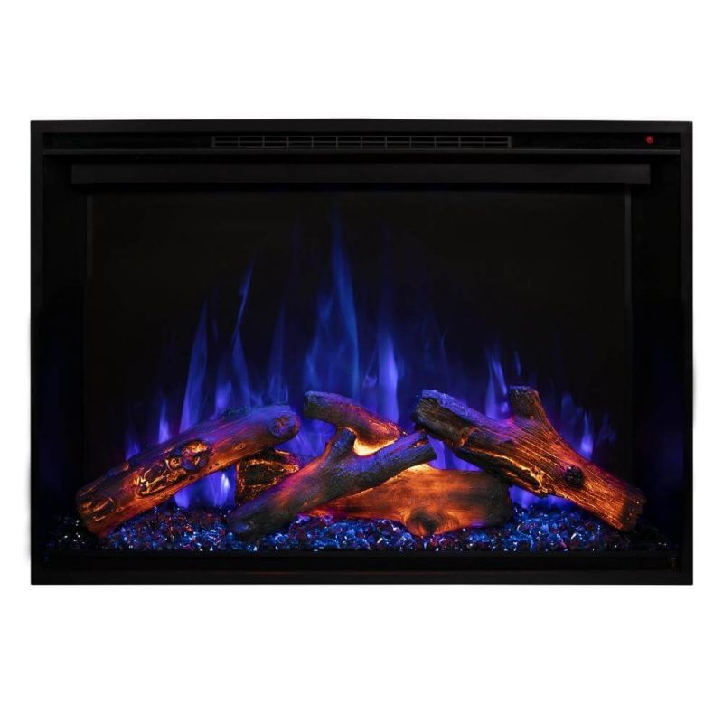 Electric fireplace with glowing logs and blue flames, creating a cozy atmosphere.