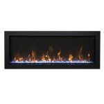 Modern linear electric fireplace with vibrant flames and decorative glass stones, framed in sleek black.