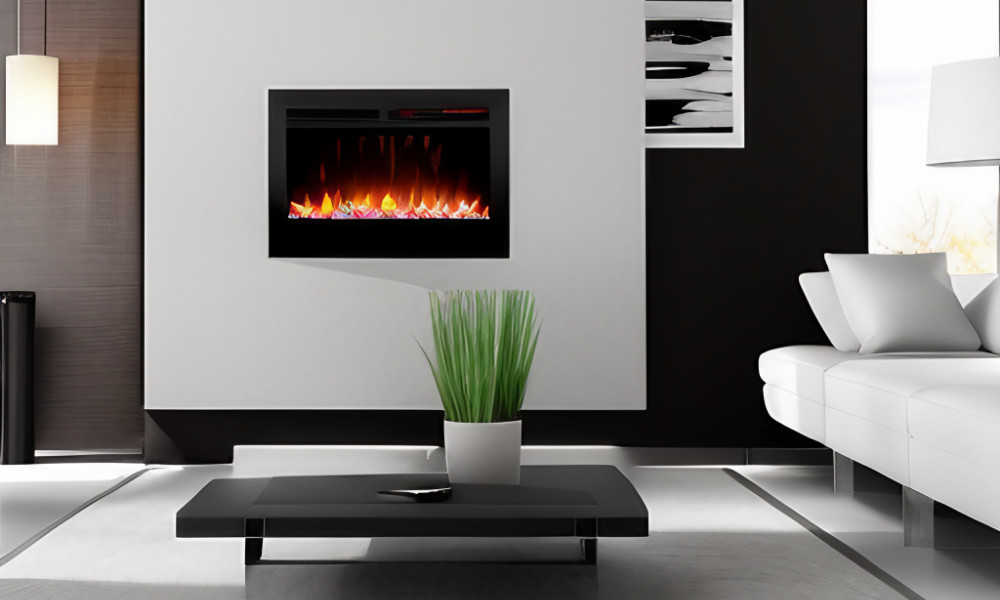 Modern living room featuring a sleek electric fireplace, minimalist furniture, and a potted plant, with a black and white color scheme.