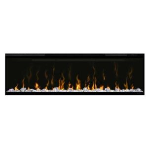 Modern electric fireplace with realistic flames and decorative crystal accents, designed for elegant home decor.