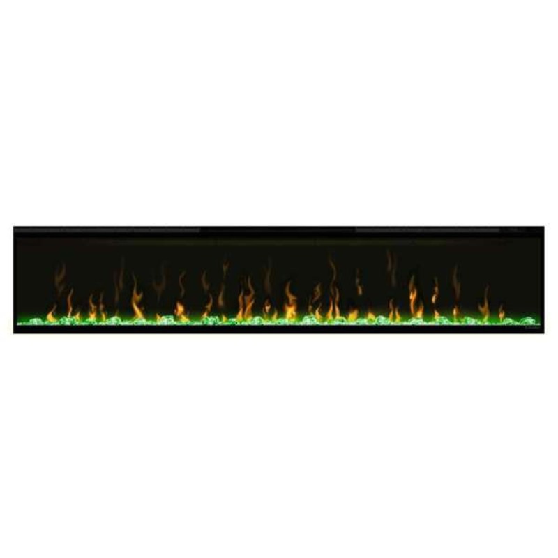Modern electric fireplace with realistic flame effect and green glass accents, designed for wall mounting.