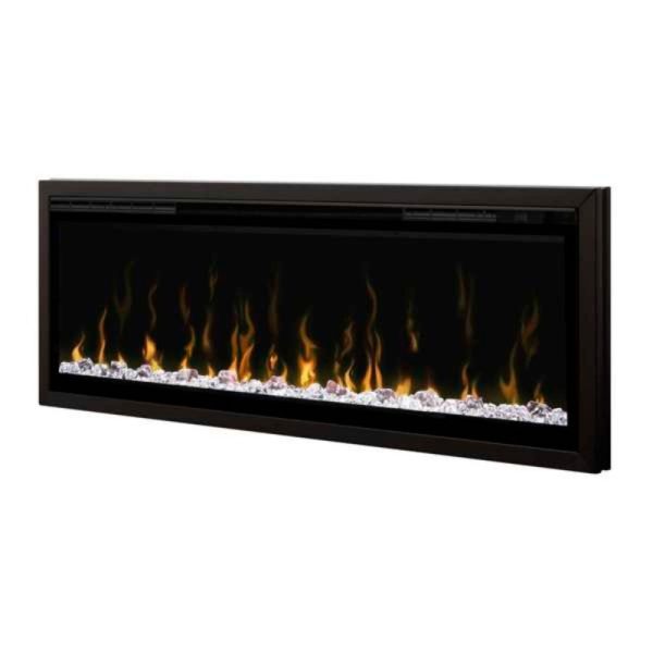 Modern electric wall-mounted fireplace with realistic flame effect and decorative crystals. Ideal for adding warmth and ambiance to any room.