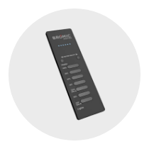 Black remote control with labeled buttons and LED indicators for device operation.