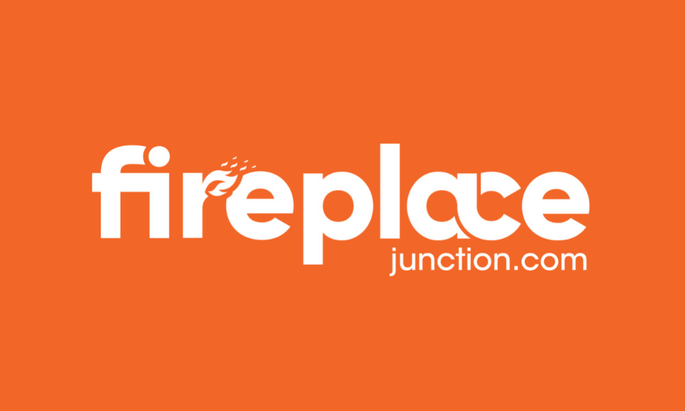 Logo of Fireplace Junction on an orange background, featuring the word "fireplace" with a flame graphic and the website URL.