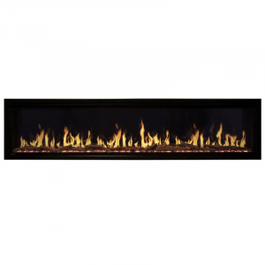Modern linear electric fireplace with realistic flames and glowing logs, designed for a stylish and cozy ambiance.