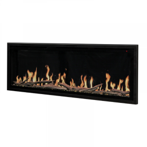 Modern linear electric fireplace with realistic flames and decorative logs, designed for wall mounting.