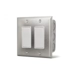 Stainless steel double light switch with white toggle buttons and mounting