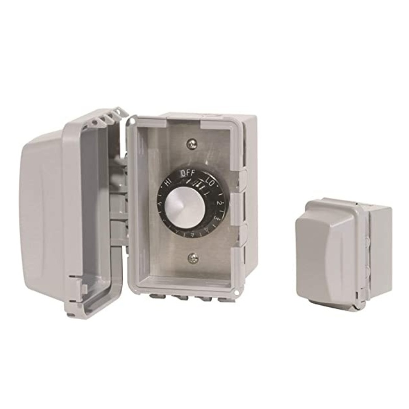 Gray outdoor timer switch with a dial for setting time intervals, displayed in an open protective enclosure.