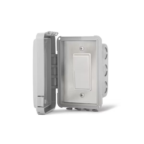 Weatherproof electrical switch enclosure with a hinged lid and a single switch inside, designed for outdoor use.