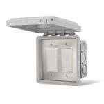 Weatherproof electrical switch box with two switches and a hinged lid, designed for outdoor use.
