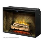 Electric fireplace with realistic flames and glowing logs, featuring a modern black frame and brick-patterned interior.