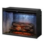 Electric fireplace with realistic log display and glowing embers, featuring a sleek black frame and modern design.