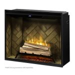 Electric fireplace insert with realistic flame effect and decorative logs, featuring a modern design and stone-patterned background.