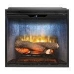 Modern electric fireplace with realistic flame effect and logs, featuring a sleek black frame and digital controls.