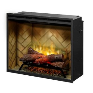 Electric fireplace with realistic flame effect and log display, featuring a modern design and herringbone-patterned interior. Ideal for home heating and ambiance.