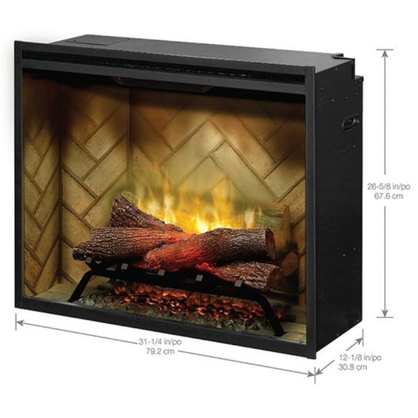 Electric fireplace insert with realistic flame effect, featuring logs and glowing embers, dimensions 31.25 in (W) x 26.625 in (H) x 12.125 in (D).