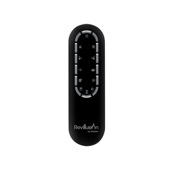 Remote control for Revillusion by Dimplex featuring various function buttons for temperature, flame effects, and settings in a sleek black design.