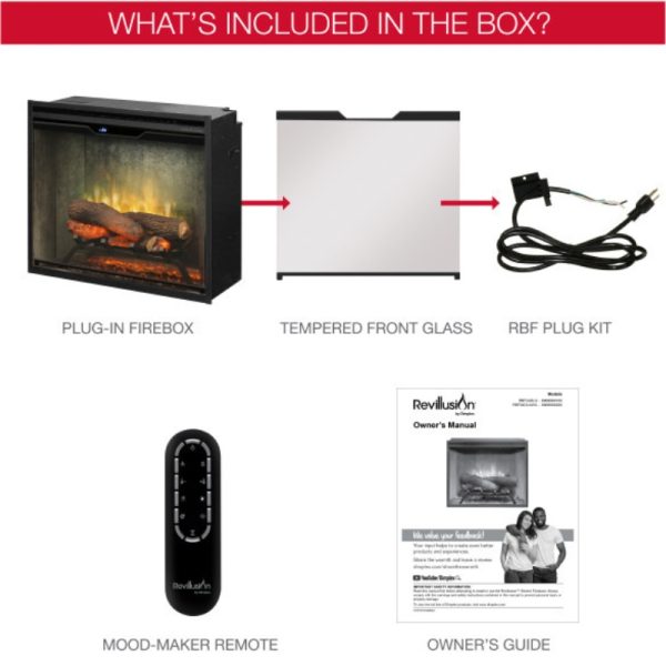 Alt text: Components included in the Revillusion plug-in firebox package: firebox unit, tempered front glass, RBF plug kit, mood-maker remote, and owner's manual.