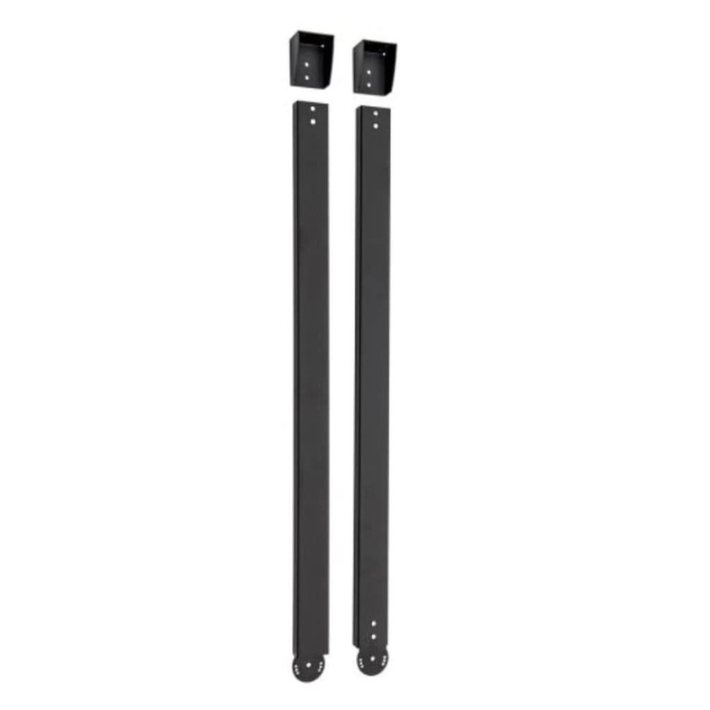 Black metal support brackets and vertical bars for shelving or storage systems, designed for sturdy installation and durability.