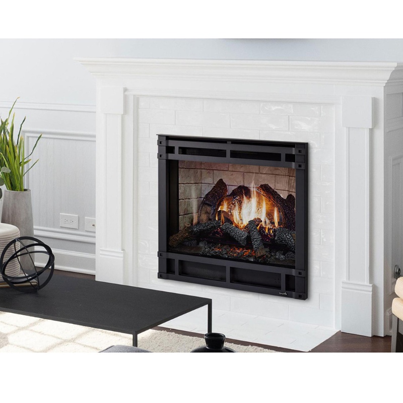 Modern fireplace with black metal frame and realistic flames, set in a stylish white brick mantel. Cozy living room ambiance with a black coffee table and decorative elements.