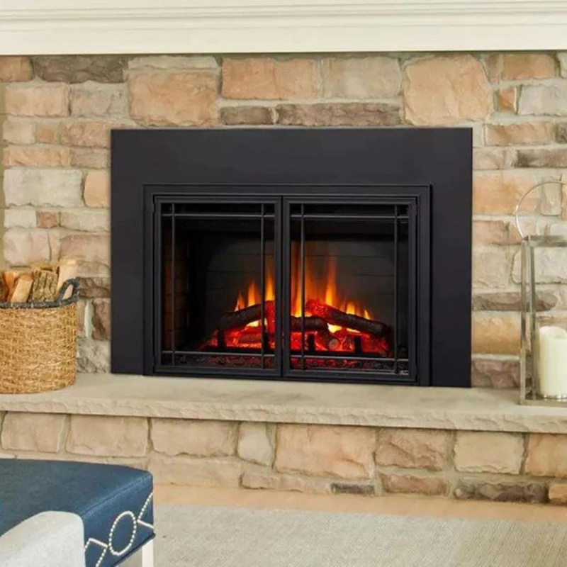 Modern gas fireplace with glowing logs and flames, set in a stone wall, complemented by a cozy living room decor.