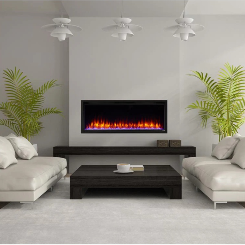 Modern living room featuring a sleek electric fireplace with vibrant flames, surrounded by minimalist furniture and indoor plants.