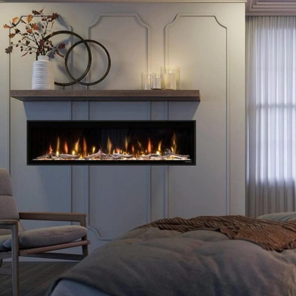 Modern living room featuring a sleek linear fireplace with flames, decorative shelf, and cozy armchair. Natural light filters through sheer curtains, enhancing the inviting atmosphere.
